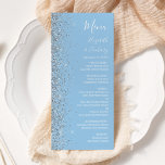 Moderne Pastel Baby Blue Silver Glitzer Wedding Menükarte<br><div class="desc">Die links Seite dieses eleganten,  modernen Hochzeitsmenüs besticht durch ein silbernes Imitat-Glitzer-Design. Der anpassbare Text kombiniert weiße Handschrift,  Copperplate und kursiv Schriftart auf einem pastellblauen Hintergrund. Auf der Rückseite ist ein Babyblau und Silberblauer Glitzer passend gestaltet.</div>