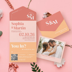 Moderne Pastel Bright Peach und Coral Foto Hochzei All In One Einladung