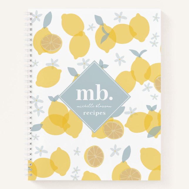 Moderne Pastel Citrus Zitronen Monogram Rezept Notizbuch (Vorderseite)