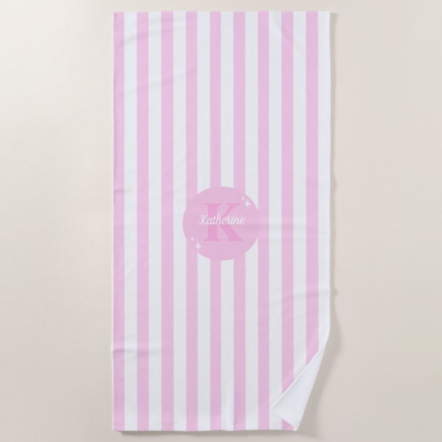 Moderne Pastel Pink Mit Monogramm Weibchen Streife Strandtuch (Vorderseite)