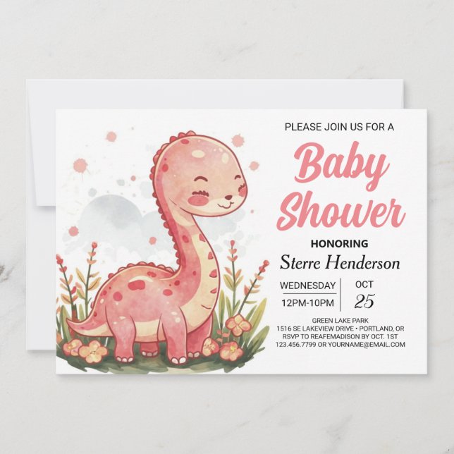 Moderne Pastel Printable Dinosaur Girl Babydusche Einladung (Vorderseite)