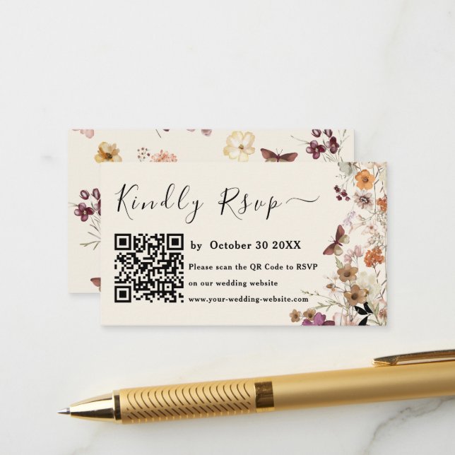 Moderne Pastel Wildblume Qr Code UAwg Wedding Begleitkarte (Vorderseite/Rückseite Beispiel)