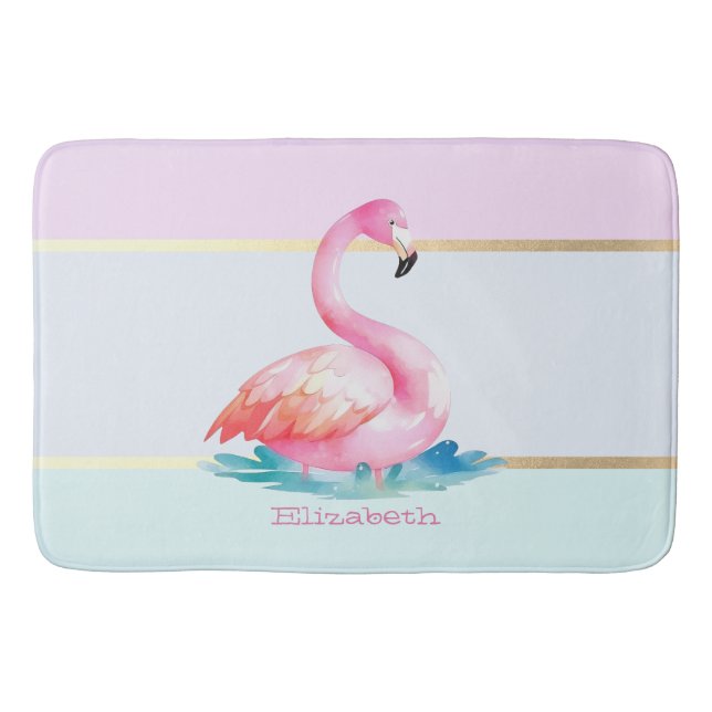 Moderne Pastell-Gestreift,Rosa Flamingos  Badematte (Vorderseite)