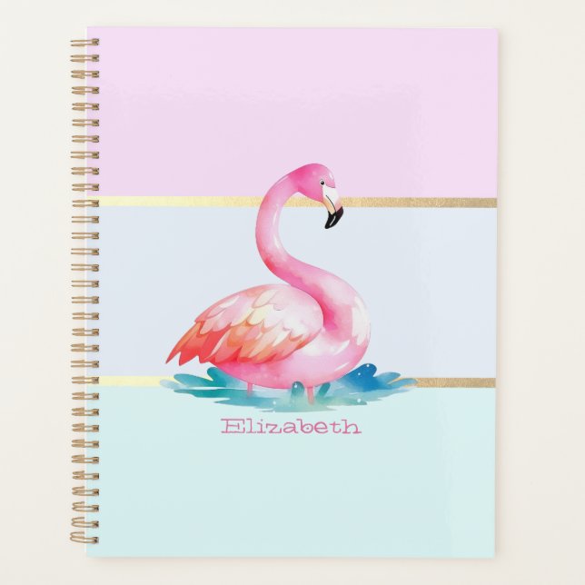 Moderne Pastell-Gestreift,Rosa Flamingos  Planer (Vorderseite)