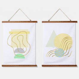 Moderne Pastelle und Gold Abstrakt Wandteppich Mit Holzrahmen