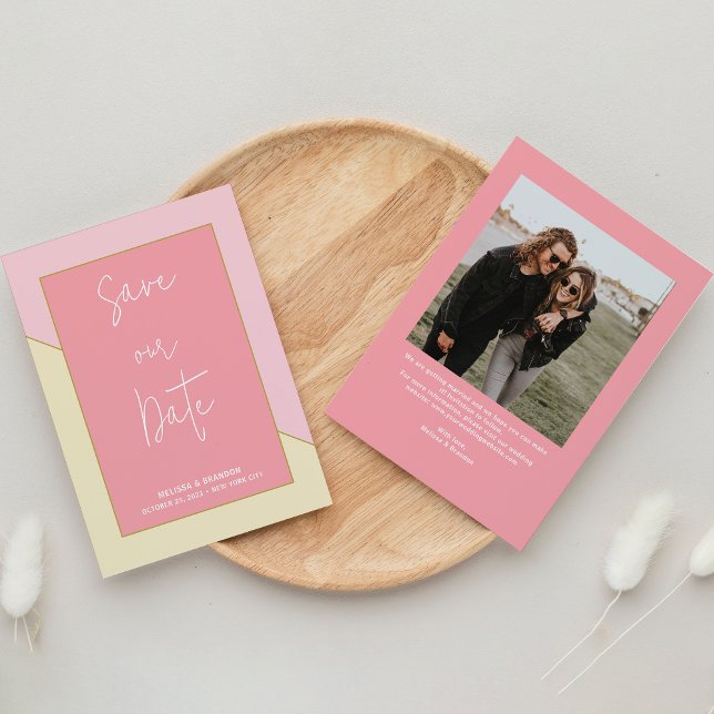 Moderne pastellfarbene Pink Gold Foto Script Hochz Save The Date (Von Creator hochgeladen)