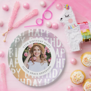 Moderne pastellfarbene Regenbogen-Rosa Foto Geburt Pappteller