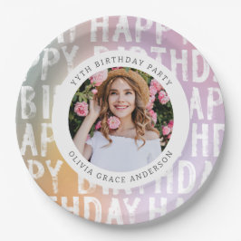 Moderne pastellfarbene Regenbogen-Rosa Foto Geburt Pappteller