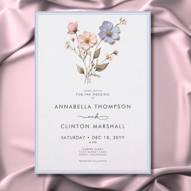 Moderne pastellfarbene Wildblumen Blaue Hochzeit Einladung (Modern Pressed Pastel Wildflowers Blue Wedding Invitation)