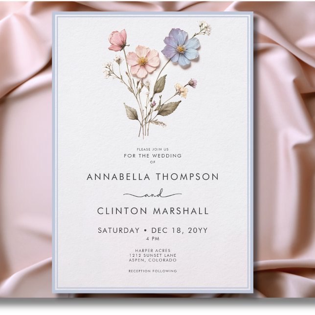 Moderne pastellfarbene Wildblumen Blaue Hochzeit Einladung (Modern Pressed Pastel Wildflowers Wedding Invitation)