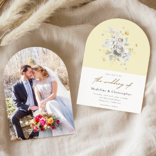 Moderne pastellgelbe Foto-Hochzeit Einladung