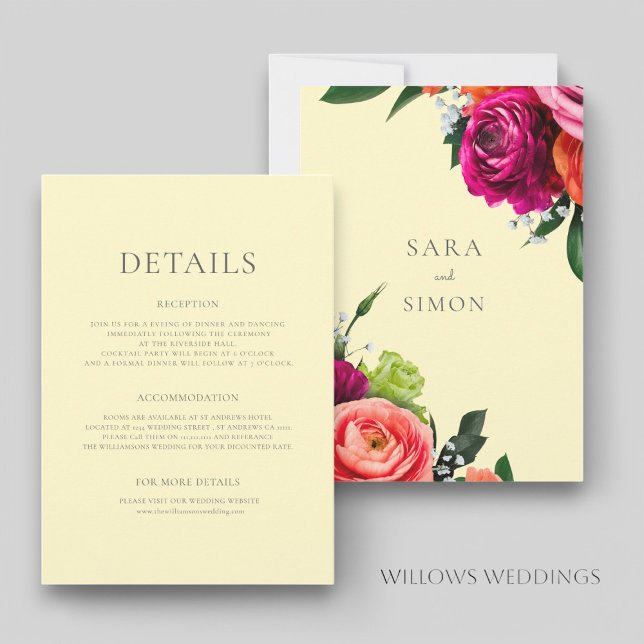 Moderne pastellgelbe Hochzeitsdetails Einladung (beautiful pastel yellow with bold florals wedding details card)