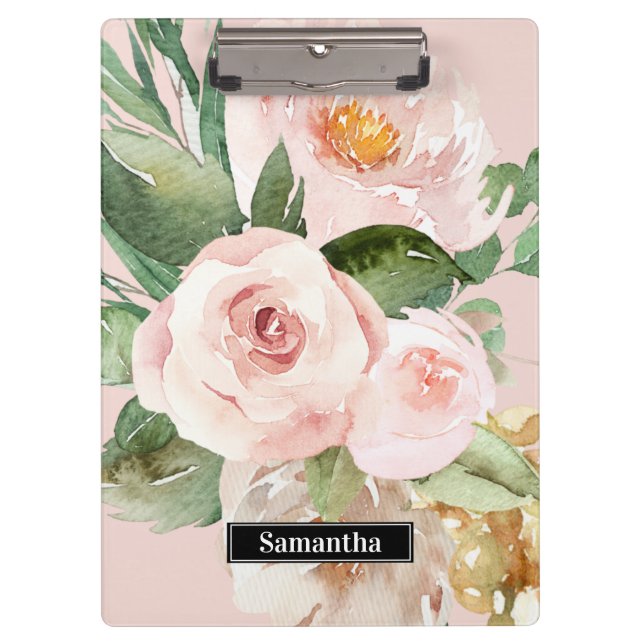 Moderne pastellrosa Aquarellfarben - Blume und Nam Klemmbrett (Vorderseite)