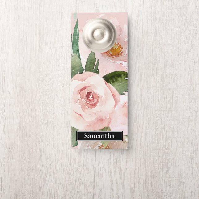 Moderne pastellrosa Aquarellfarben - Blume und Nam Türanhänger (Auf Knauf)