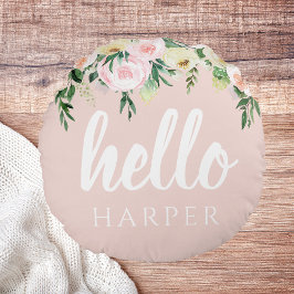 Moderne pastellrosa Blume Hallo und Sie nennen Rundes Kissen