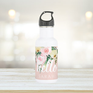 Moderne Pastellrosa Blumen Hallo Und Dein Name Edelstahlflasche