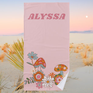 Moderne pastellrosa Retro-Pilze und Blumensträuße Strandtuch