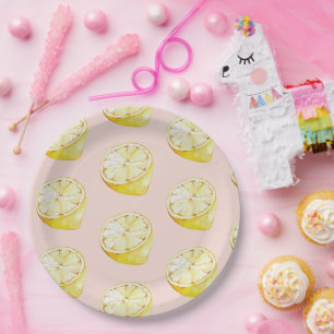Moderne Pastellrosa- und gelbe Zitronenmuster Pappteller
