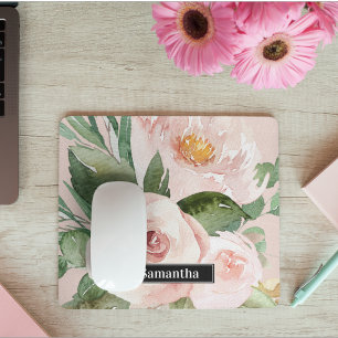 Moderne Pastellrosa Wasserfarben Blumen & Name Mousepad