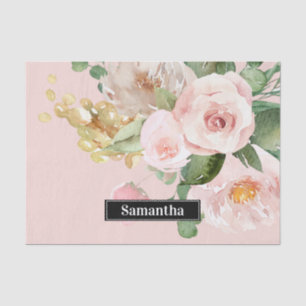 Moderne Pastellrosa Wasserfarben Blumen & Name Seidenpapier