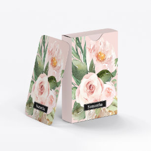 Moderne Pastellrosa Wasserfarben Blumen & Name Spielkarten