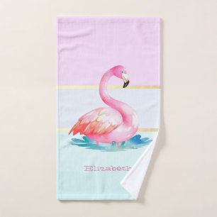 Moderne Pastellstreifen, rosa Flamingos Badhandtuch Set