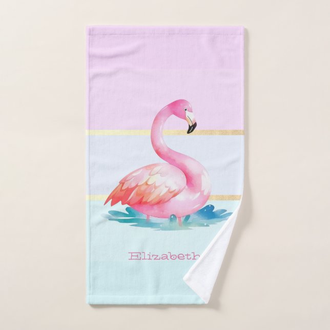 Moderne Pastellstreifen, rosa Flamingos Badhandtuch Set (Handtuch)