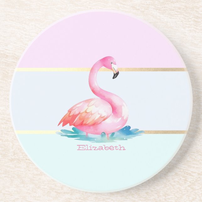 Moderne Pastellstreifen, rosa Flamingos Getränkeuntersetzer (Vorne)