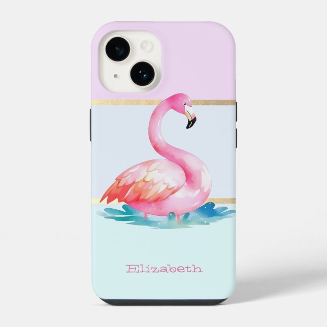 Moderne Pastellstreifen, rosa Flamingos iPhone Hülle (Rückseite)