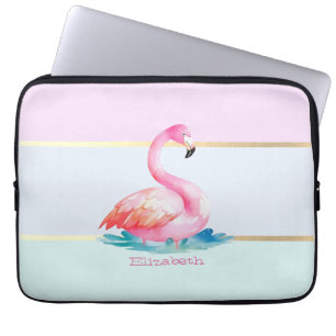 Moderne Pastellstreifen, rosa Flamingos Laptopschutzhülle