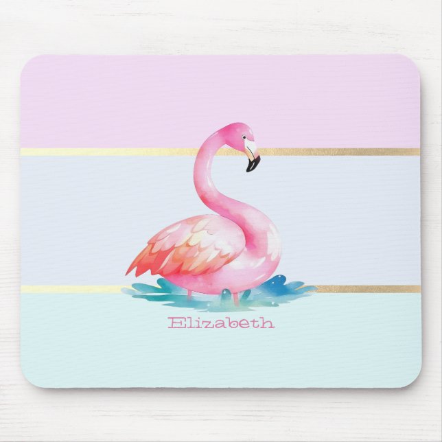 Moderne Pastellstreifen, rosa Flamingos Mousepad (Vorne)