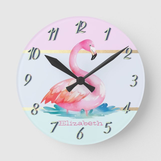 Moderne Pastellstreifen, rosa Flamingos Runde Wanduhr (Vorderseite)
