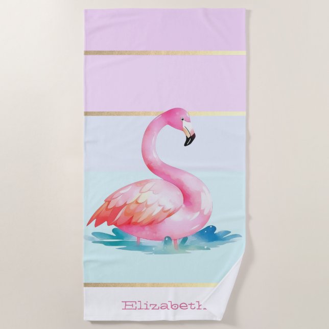 Moderne Pastellstreifen, rosa Flamingos Strandtuch (Vorderseite)