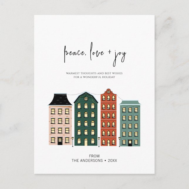 Moderne Peace Liebe & Josh Christmas Town Holiday  Postkarte (Vorderseite)