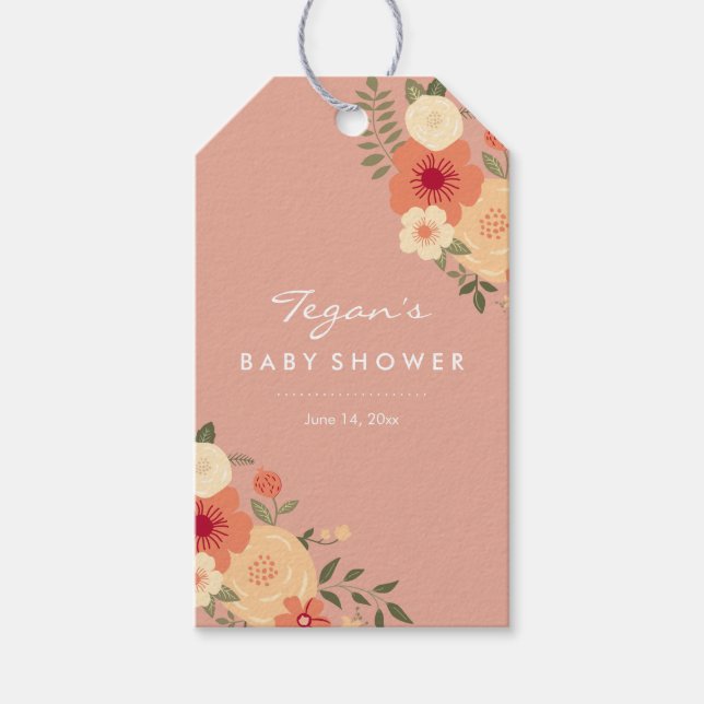 Moderne Peach Floral Baby Dusche Geschenketiketten Geschenkanhänger (Vorderseite)