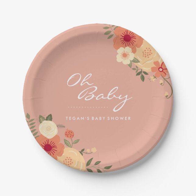 Moderne Peach floral Oh Baby Duschpapier Teller (Vorderseite)