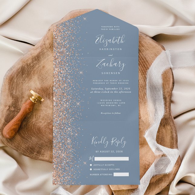 Moderne Peach Glitzer Dusty Blue Wedding All In One Einladung (Von Creator hochgeladen)