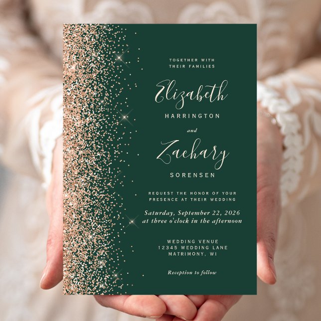 Moderne Peach Glitzer Edge Emerald Green Wedding Einladung (Von Creator hochgeladen)