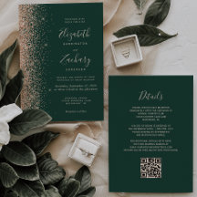 Moderne Peach Glitzer Emerald Green QR Code Hochze