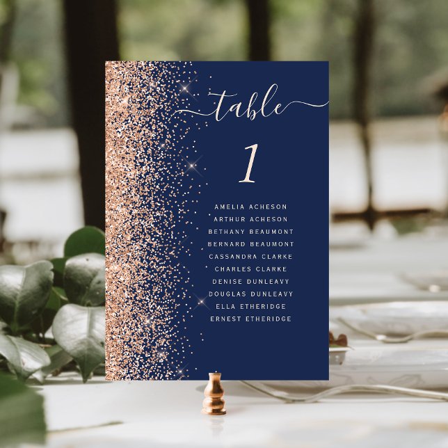 Moderne Peach Glitzer Navy Blue Wedding Tischnummer (Von Creator hochgeladen)