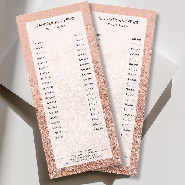 Moderne Peach Glitzer Salon Preis List Rack Card Werbekarte (Personlaized Modern Peach Silver Glitter Salon Price List Rack Card)
