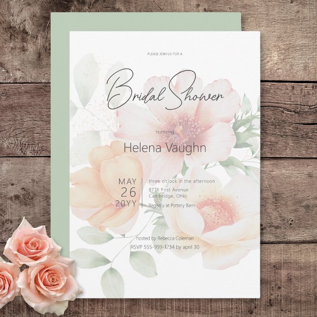 Moderne Peach & Sage Green Blume Brautparty Einladung (Modern Peach & Sage Green Flowers Bridal Shower Invitation)