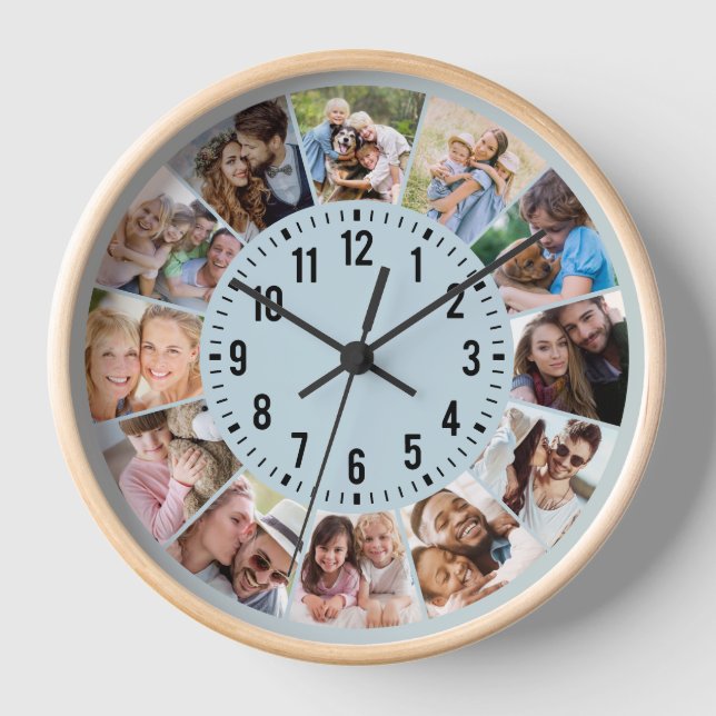 Moderne Personalisiert Blue 12 Foto Collage Uhr (Vorderseite)
