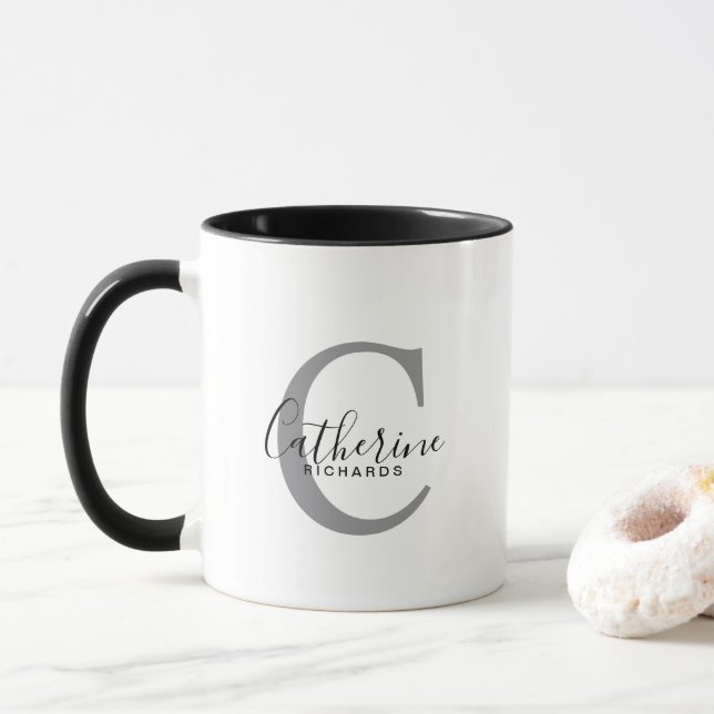 Moderne Personalisiert-graue Monogramm-Tasse Tasse (Mit Donut)