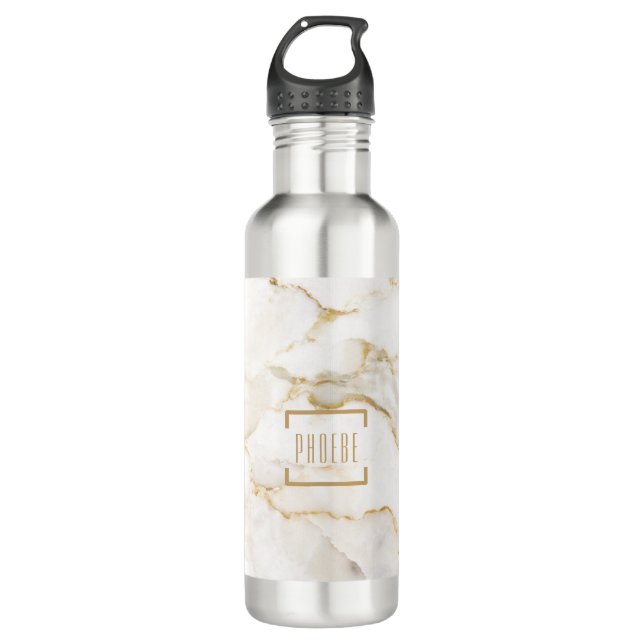 Moderne Personalisiert Name Gold Effect Marmor Edelstahlflasche (Vorderseite)