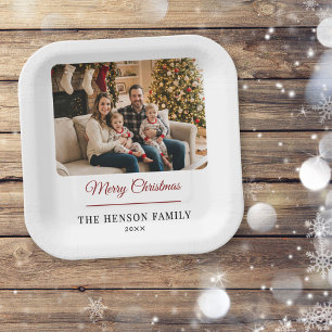 Moderne personalisierte Familienfoto Frohe Weihnac Pappteller