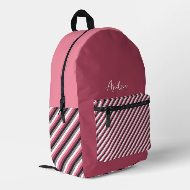 Moderne Personalisierte Girl-Pink-Streifen Bedruckter Rucksack (Rückseitige Ecke links)