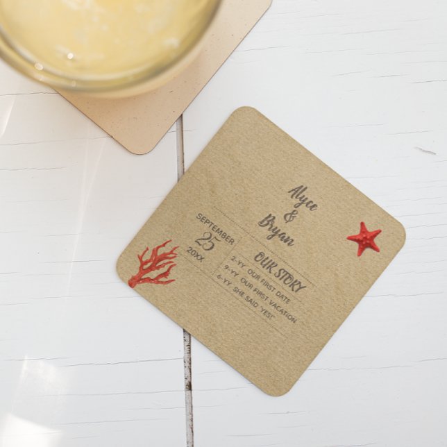 Moderne Personalisierte Hochzeit von Sandkorallen Rechteckiger Pappuntersetzer (Von Creator hochgeladen)