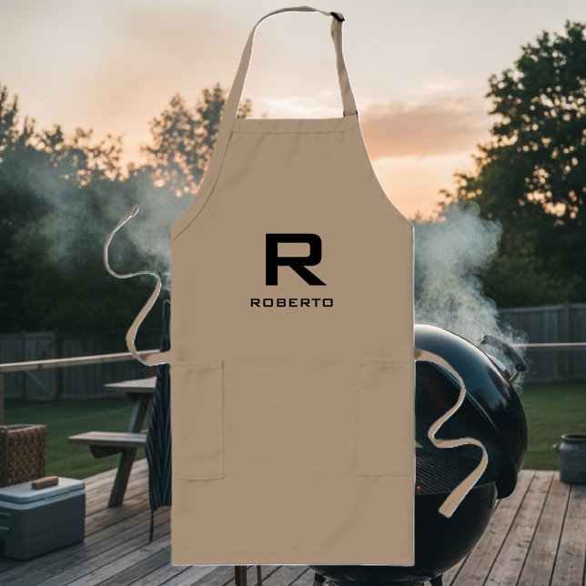 Moderne personalisierte khaki beige Grillen Schürz Lange Schürze (bbq apron with name monogram)