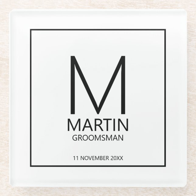 Moderne Personalisierte Monogramm- und Name-Trauze Glasuntersetzer (Vorderseite)